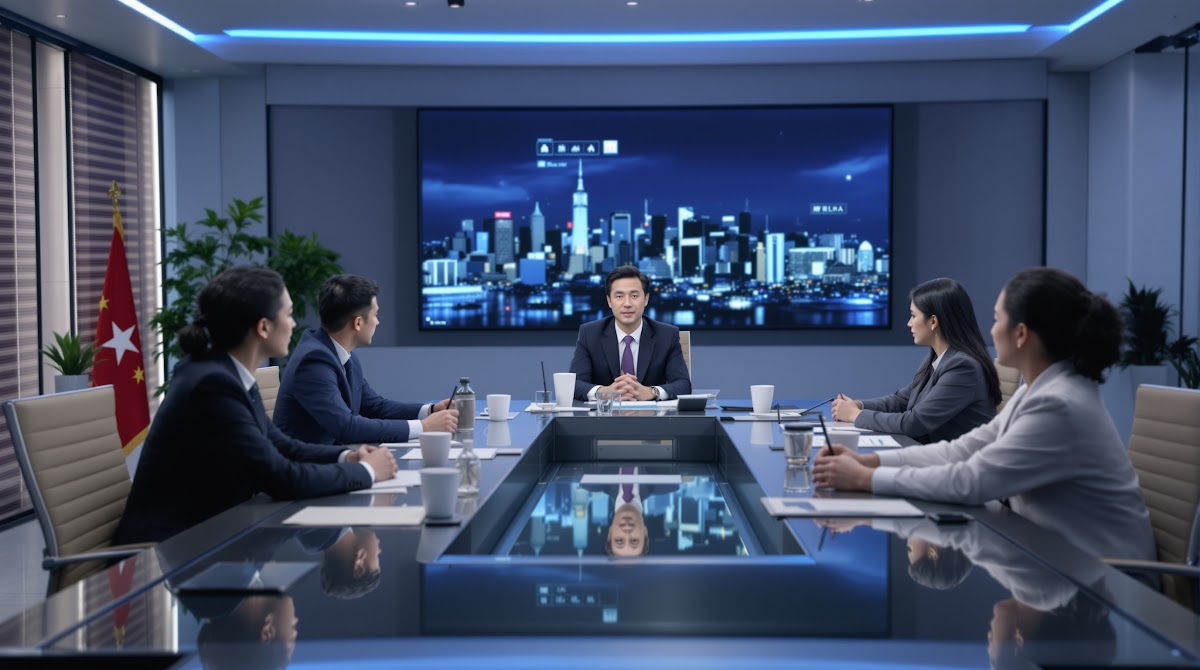 다국적 기업 회의실과 뉴스 방송국에서 AI 뉴스통역 솔루션이 실시간으로 다양한 언어로 회의와 뉴스를 통역하고, 글로벌 팀이 언어 장벽 없이 협업하는 실제 비즈니스 현장