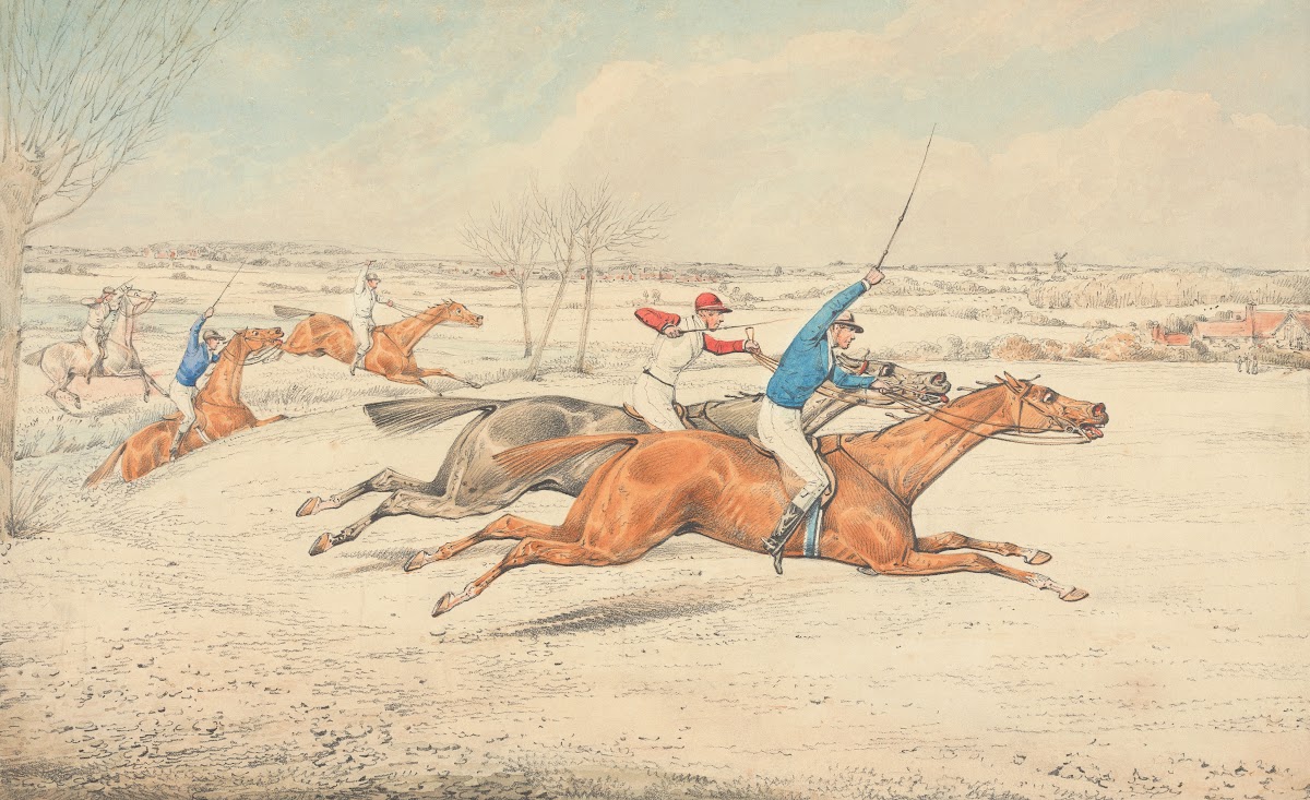 Steeplechasing Five Riders Galloping Right