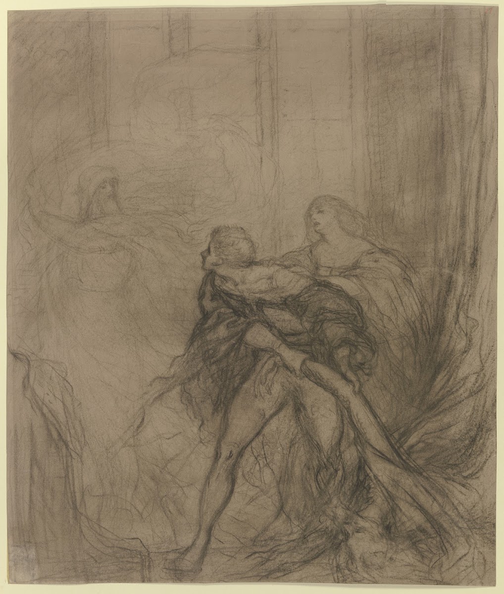 Hamlet mit seiner Mutter Gertrude und dem hinter einem Vorhang getöteten Poloniu