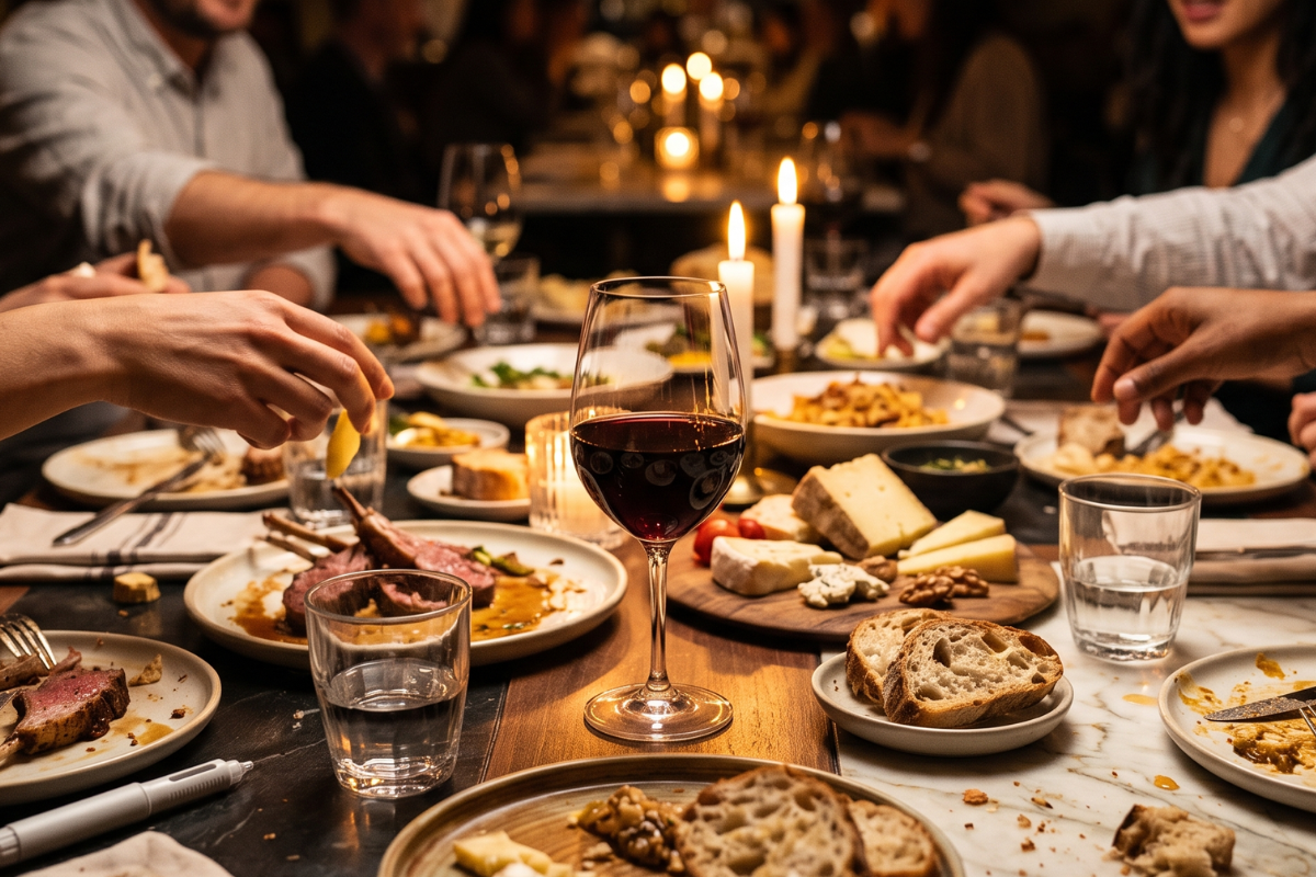 A candlelit dinner table with friends