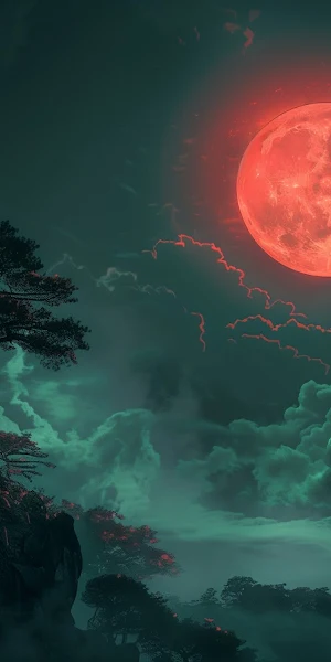 Ai Art, Illustration, Red Moon, Clouds 5K Wallpaper Background