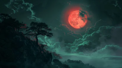 Ai Art, Illustration, Red Moon, Clouds 5K Wallpaper Background