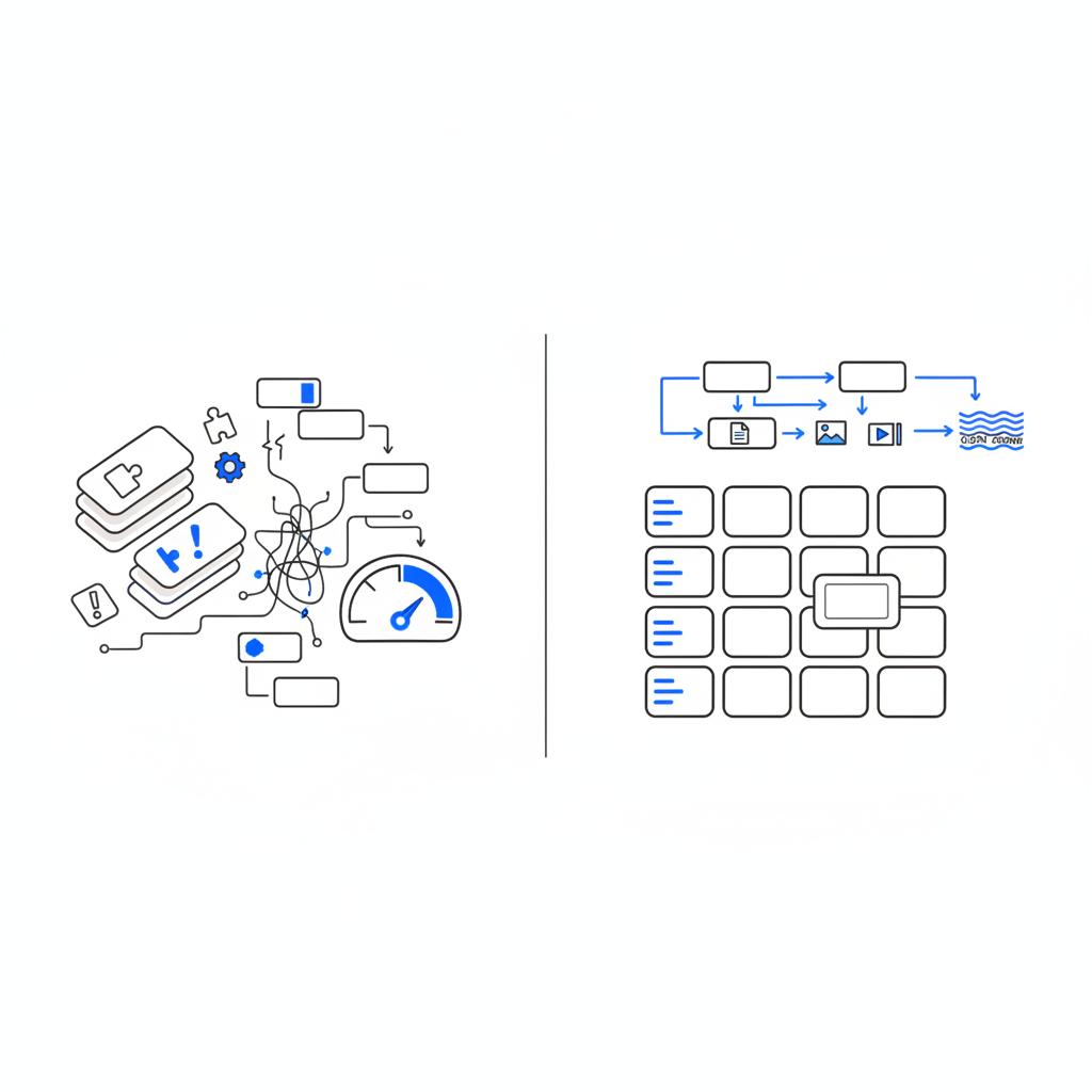 Minimal two-panel vector sketch showing messy WordPress plugin maintenance on the left and a streamlined visual builder with headless API diagram on the right, illustrating moving away from wordpress.