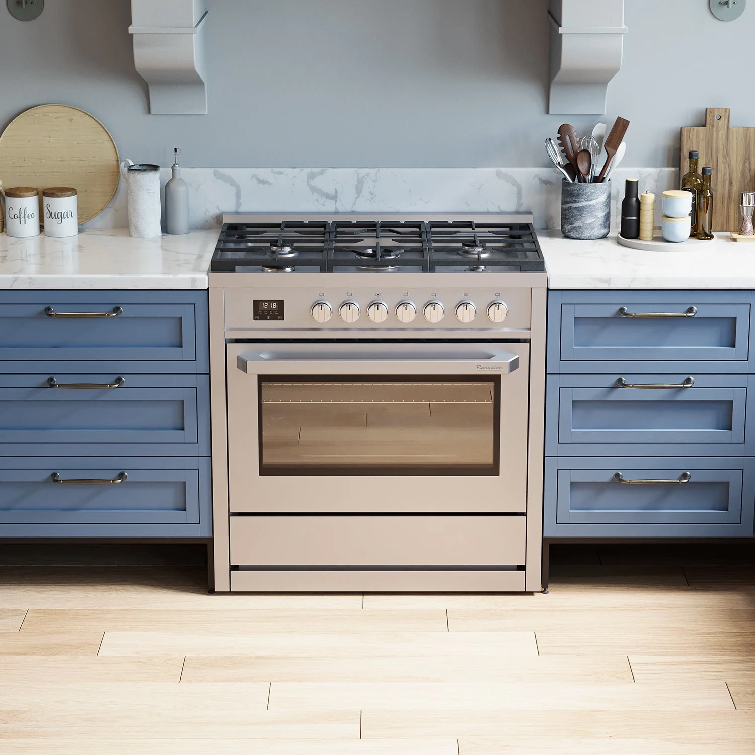 Gray kitchen with chevron backsplash and marble countertops
