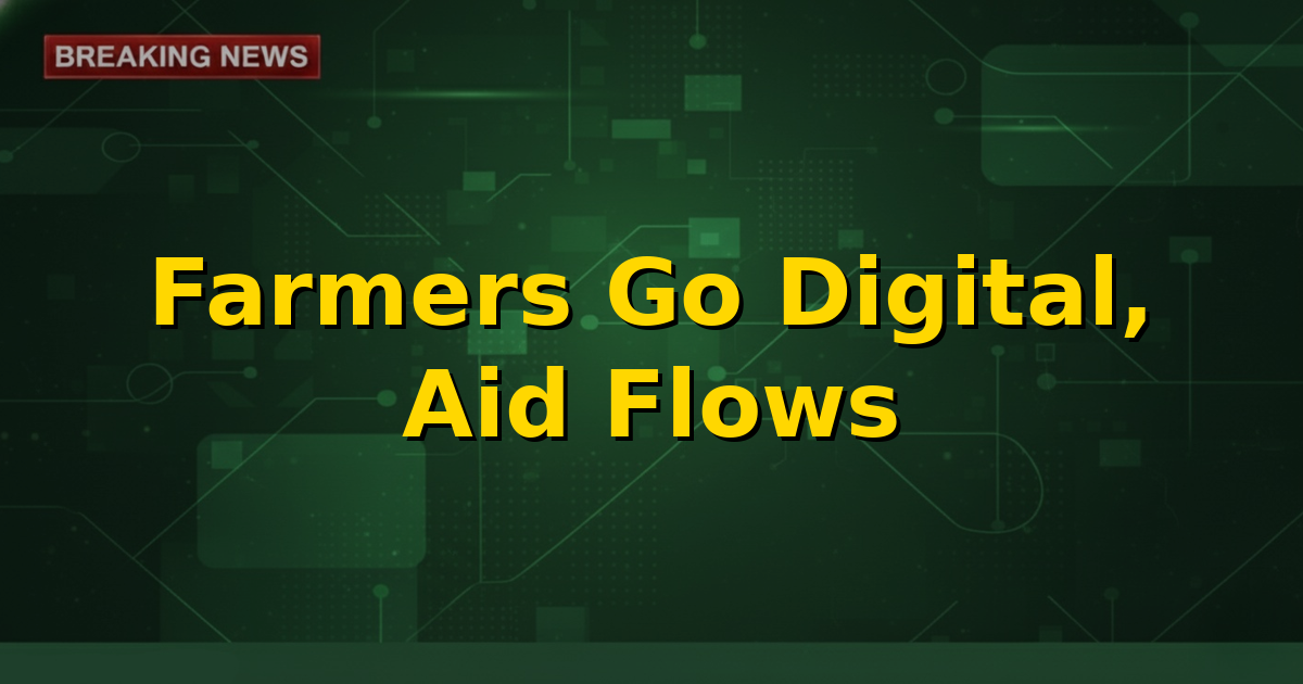 Farmers smiling, overlooking fields, with a digital interface overlay representing PM Kisan's new platforms.