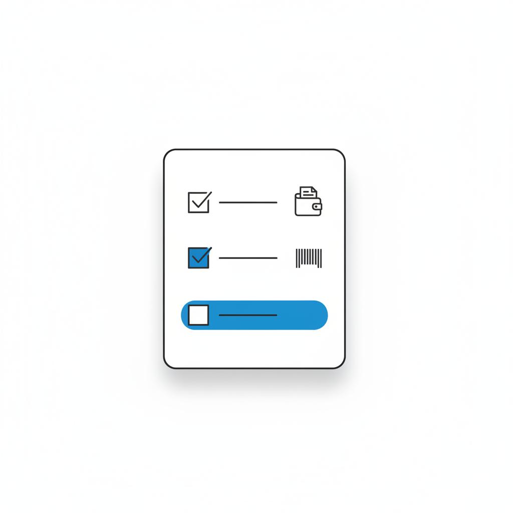 Minimalist vector checklist on paper with highlighted checkboxes and simple icons indicating proof of income and VIN for usedcars near me
