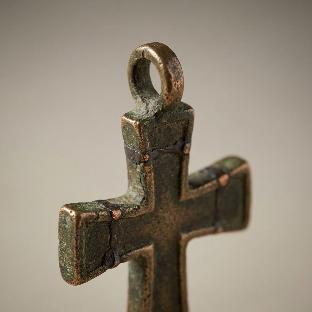 Close up of a bronze medieval cross necklace suspension loop and edge wear showing patina and repair seams on a neutral ede7da background