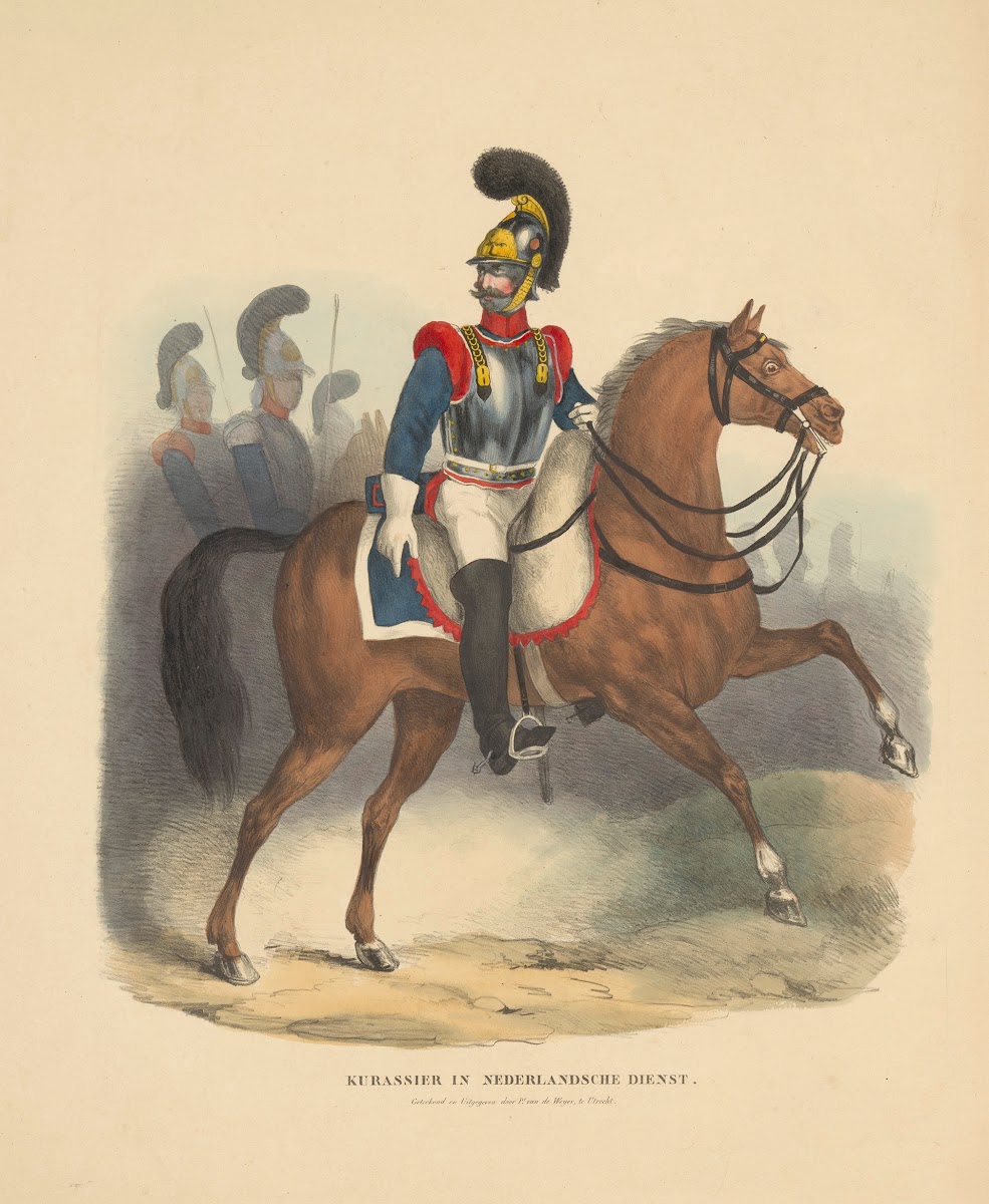 Cavaleriesoldaat met borstharnas te paard Kurassier in Nederlandsche dienst 1842