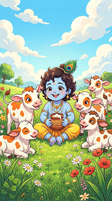 Charming Cartoon Baby Krishna with Calves in Sunny Meadow - Free mobile Wallpaper
