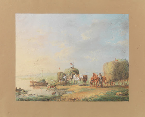 Boeren met paarden en hooiwagens aan de oever van een rivier 19th century
