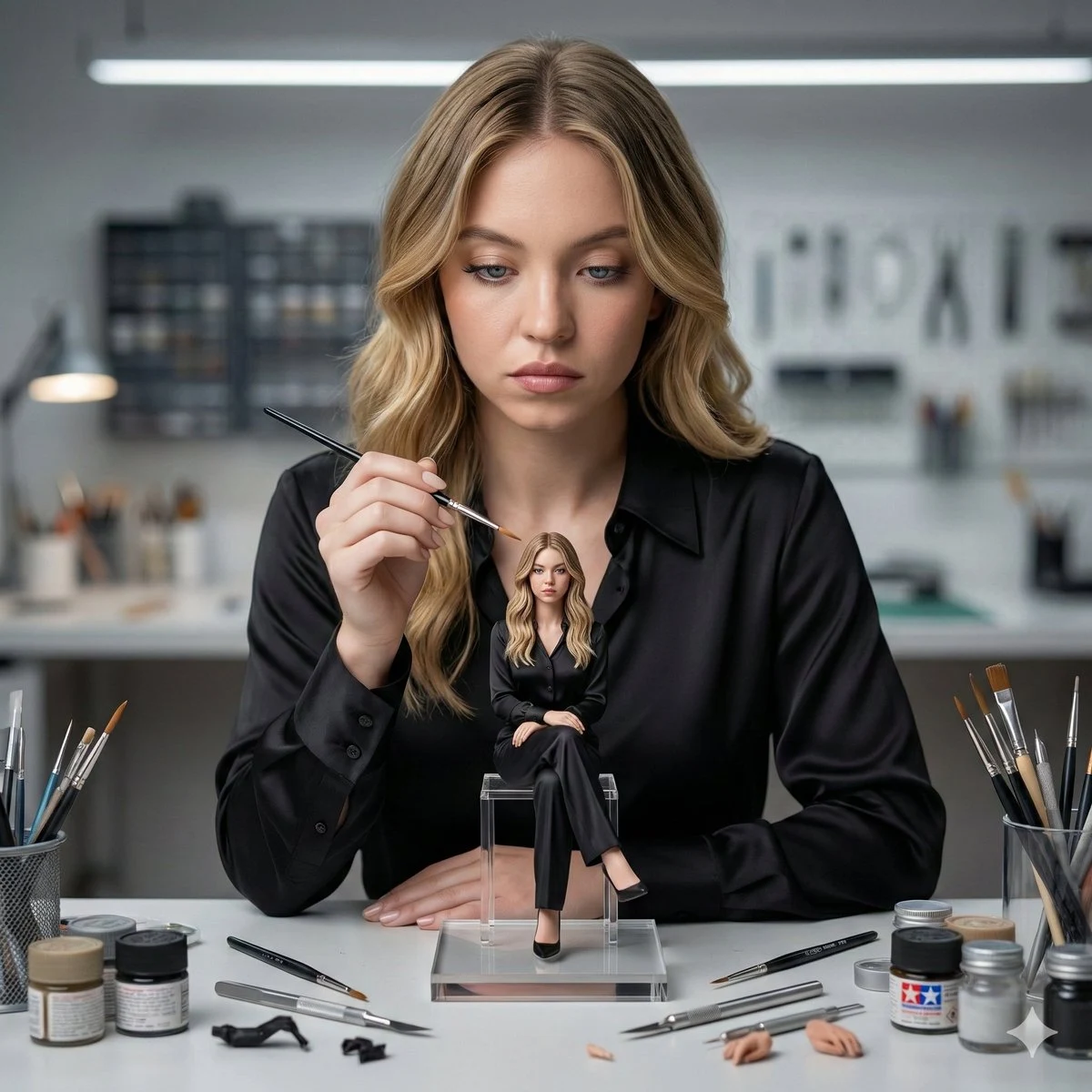 Escena cinematográfica ultrarrealista de una mujer pintando cuidadosamente una figurita en miniatura.