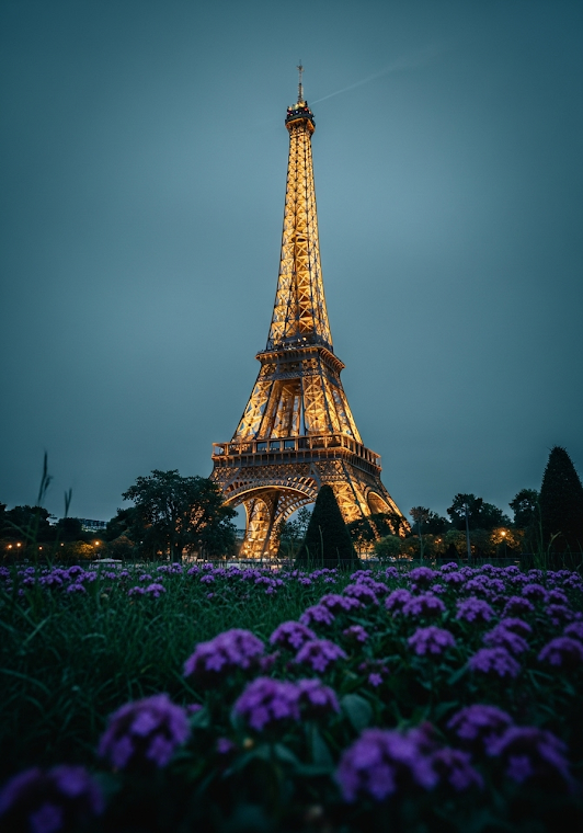 Illuminated Eiffel Tower at Dusk with Foreground Flowers