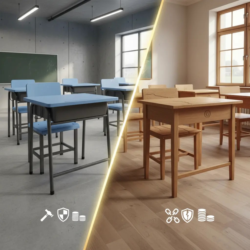 Perbandingan meja kursi sekolah besi vs kayu dari segi ketahanan dan harga