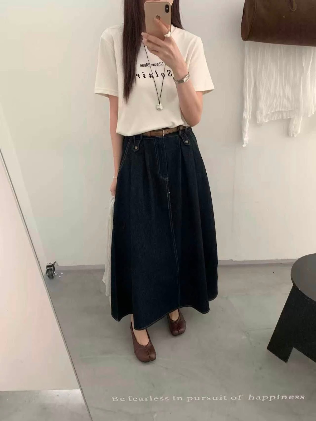 Chân váy dài jean xòe đính đai đinh lưng chun XONXEN SHOP 88820 – Image 8