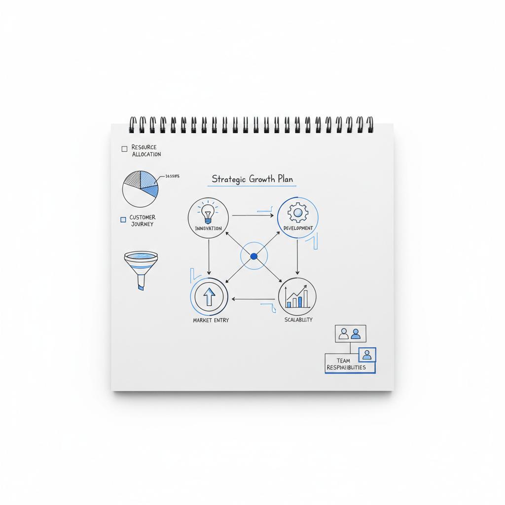 Top-down notebook sketch showing 4 types of advertising &mdash; billboard, TV, mobile social app, and newspaper &mdash; connected in a multi-channel campaign map with #39383f linework and #1a5bfb accents on a white background.