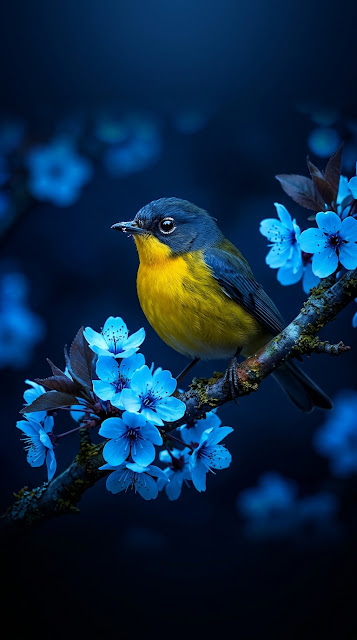 Vibrant Blue and Yellow Bird Perched on Neon Blue Blossoms - Free mobile Wallpaper