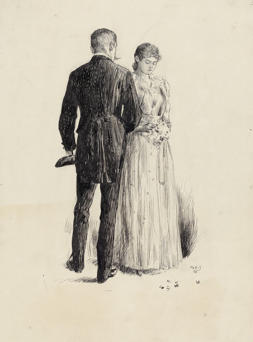 Man with back to viewer facing young woman plucking at bouquet 1896