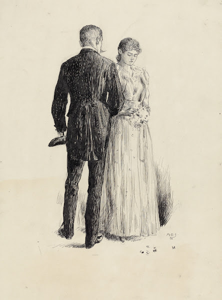 Man with back to viewer facing young woman plucking at bouquet 1896