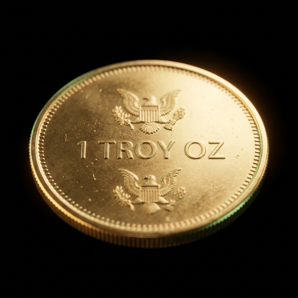 Close up of a single troy ounce gold coin with visible 1 troy oz weight stamp on a matte black background illustrating how to buy gold on stock market