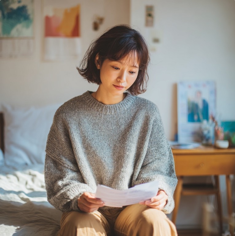 건강검진 결과지를 보며 혈당 수치를 확인하는 모습
