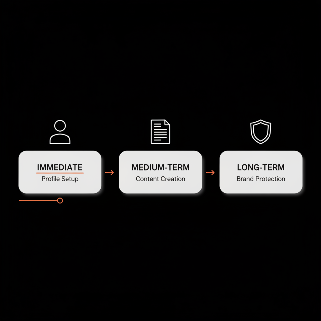 Minimal three-step timeline infographic for Instagram verification showing Immediate, Medium-term, Long-term with profile, article, and shield icons on black background with accent highlights.