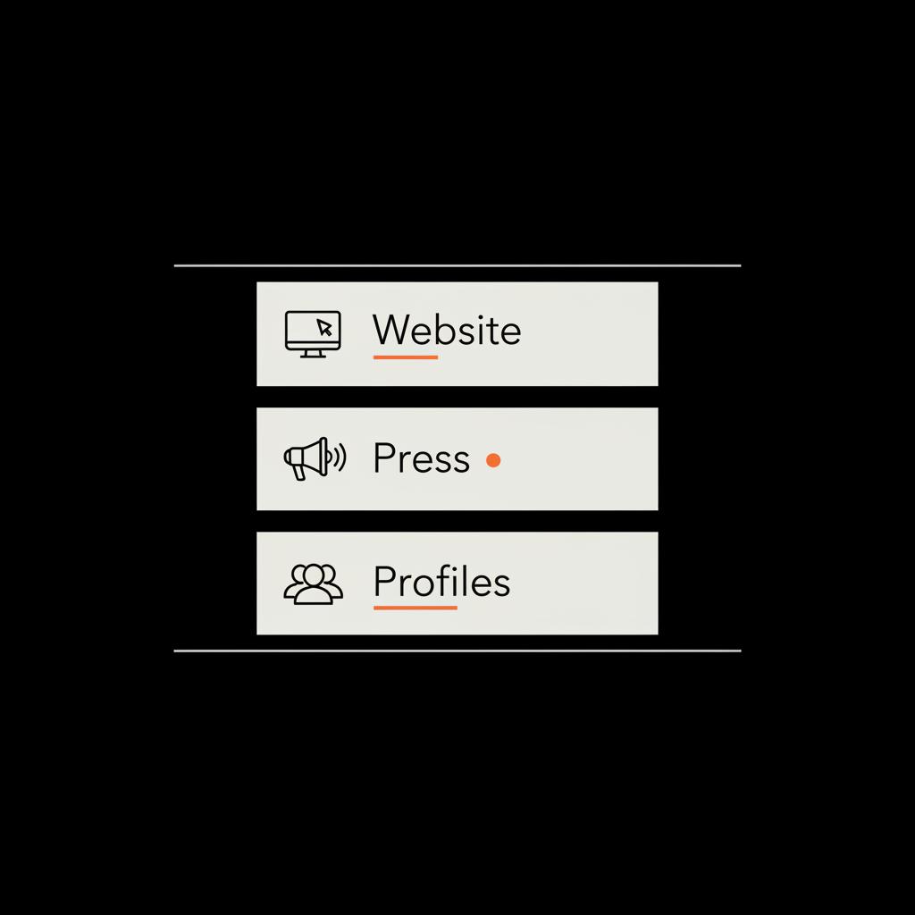 Vector infographic: three stacked items — Website, Press, Profiles — icons on black background with white/gray text and orange accent. can you get Twitter verified for free