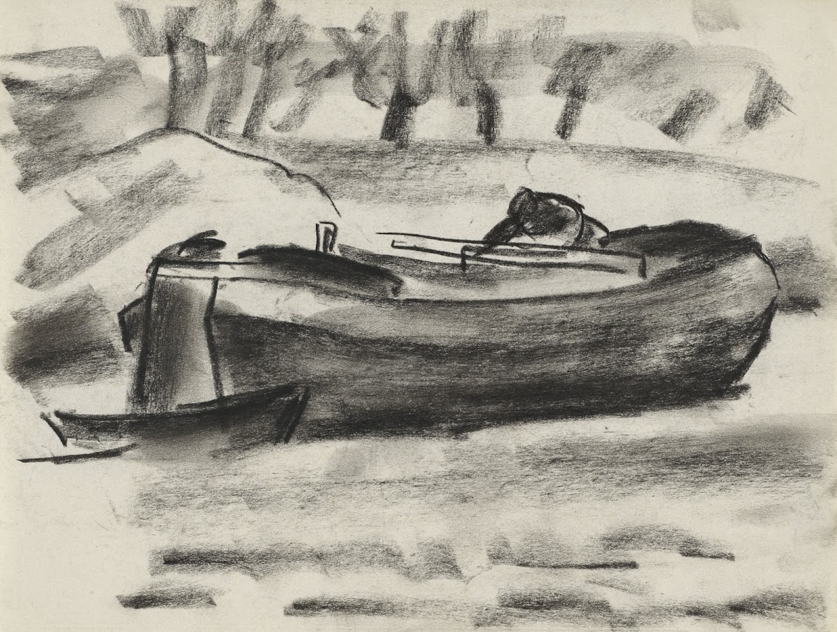 Schetsblad met een schip met een man aan boord 20th century