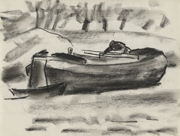 Schetsblad met een schip met een man aan boord 20th century