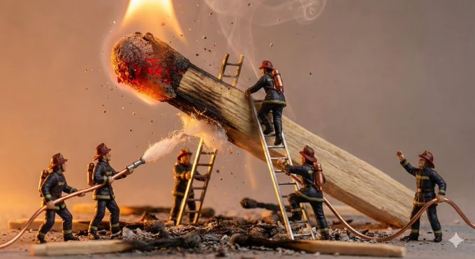 Diorama en miniatura: Personajes diminutos luchando con objetos cotidianos de gran tamaño.
