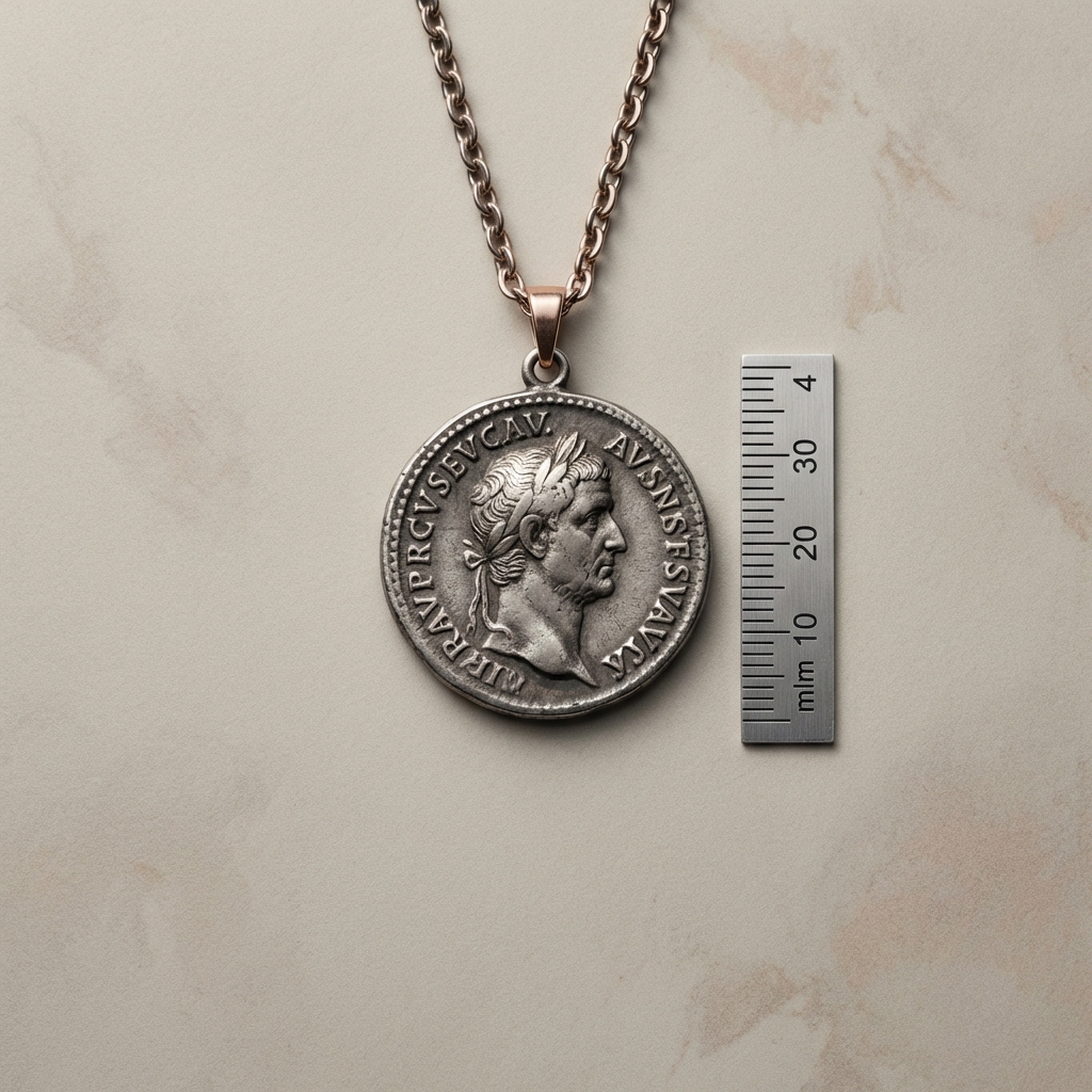 Close up high resolution image of a genuine roman coin necklace pendant showing portrait and legend with millimeter scale on flat neutral background ede7da minimalist Aurora Antiqua style