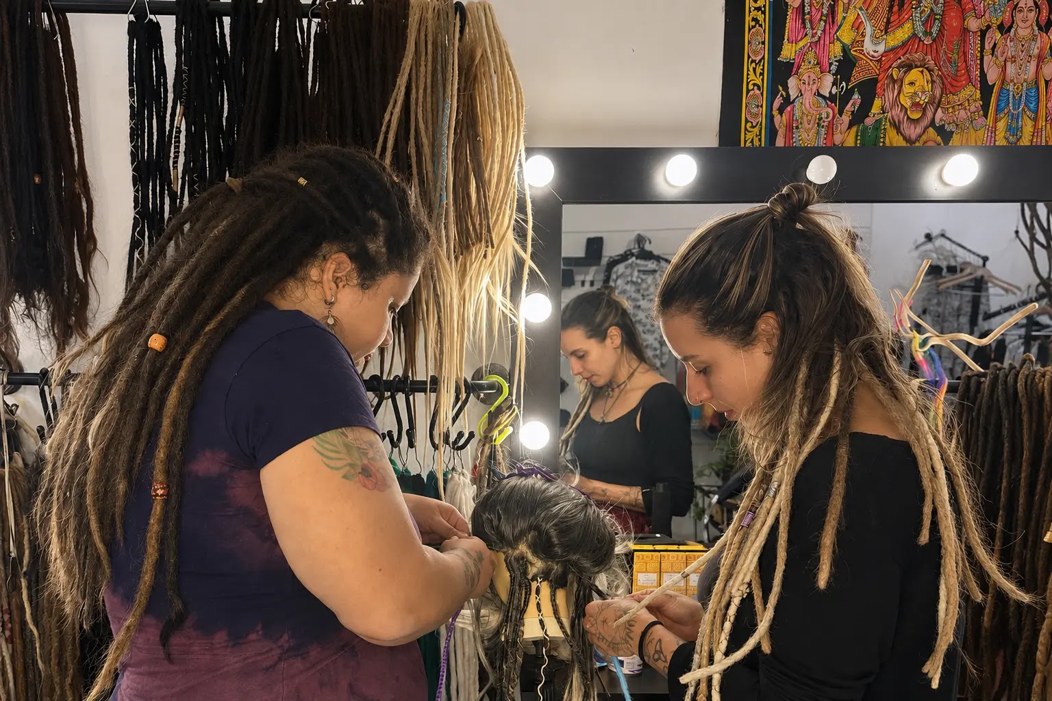 Participantes praticando t&eacute;cnicas de dreads em uma cabe&ccedil;a de treino durante a Imers&atilde;o Arte Dreads Academy