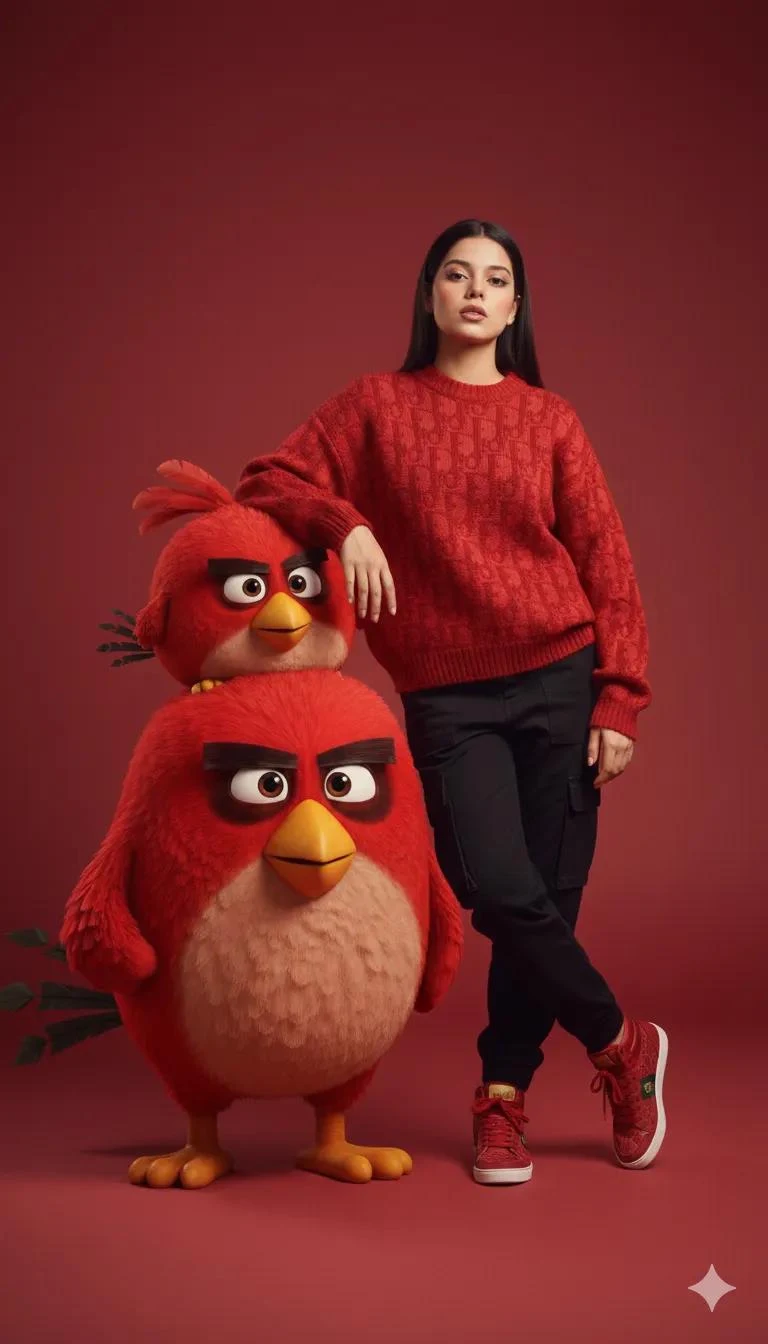 Retrato editorial de moda con pájaros animados en 3D.