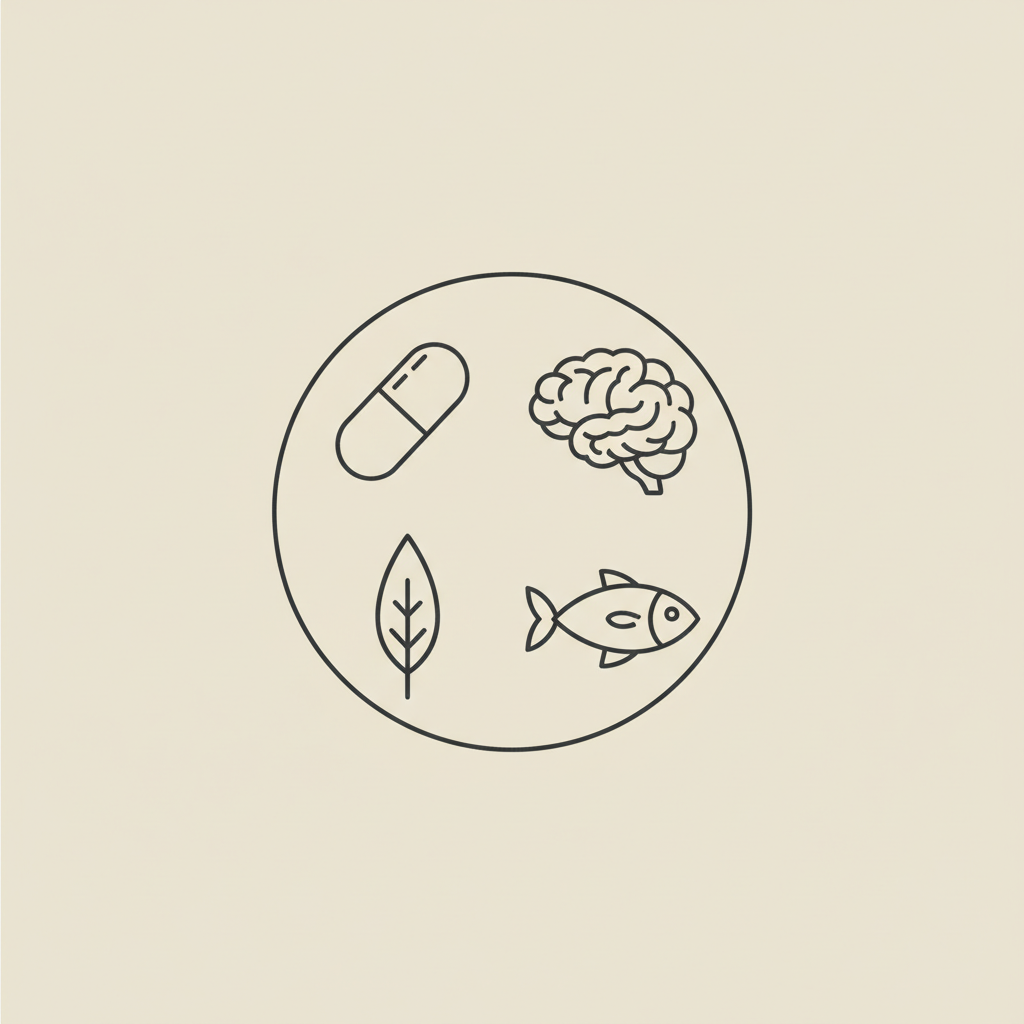 Minimalist line-art capsule, brain outline, fish and herb leaf arranged in a circle on a beige background representing best supplement to increase memory