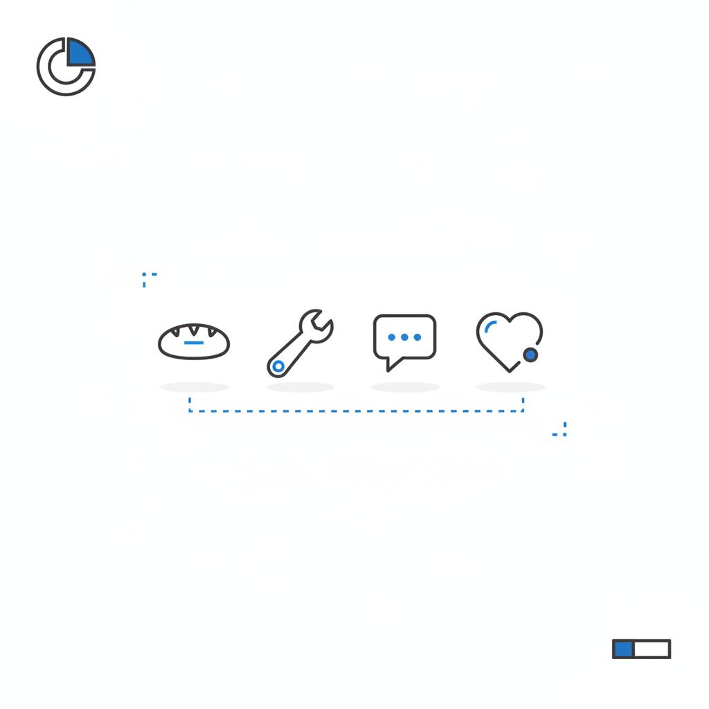 Minimalist 2D vector of four trust-building icons &mdash; loaf, wrench, speech bubble, heart &mdash; connected by accent lines on white background using Agency Visible colors for TikTok advertising.