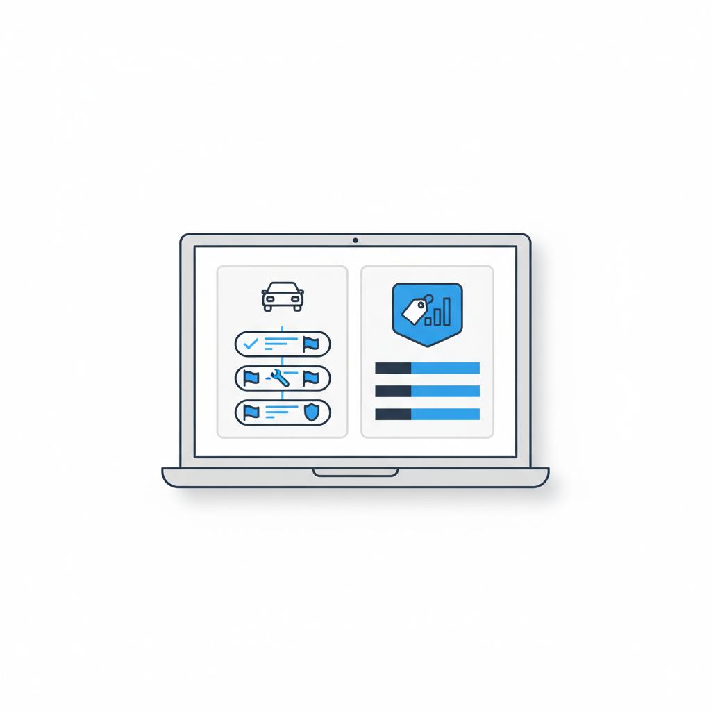 Minimalist vector laptop screen with side by side vehicle history report icons and a price analysis badge for used 4runner for sale