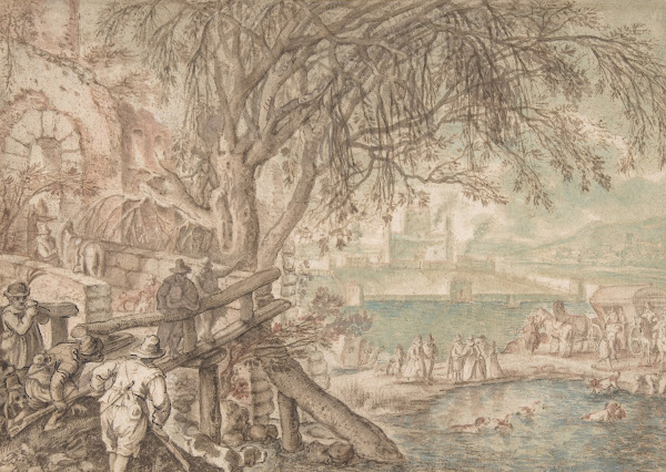 Huntsmen and Company Observing Dogs Retrieving Ducks in a Pond The Month of Apri