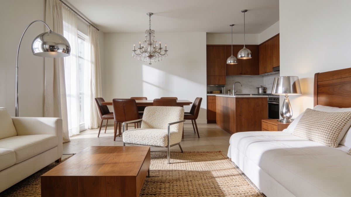 How to Make Chrome and Oak Decor Feel Cozy, Not Clinical - chrome furniture balanced with walnut oak and layered textiles