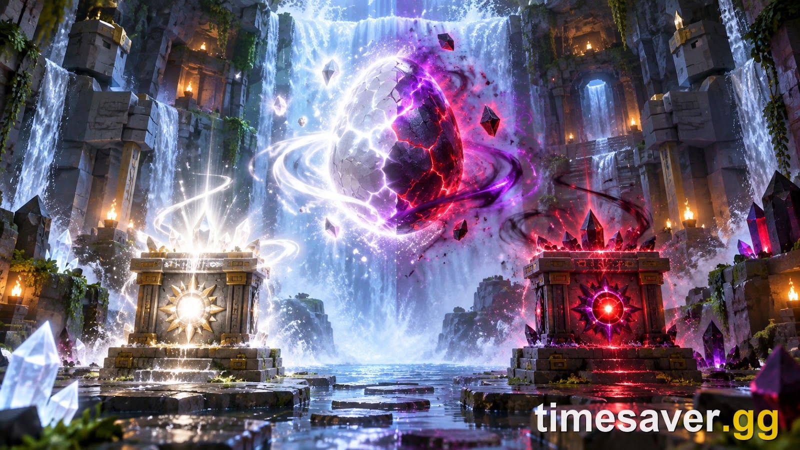 The Secret Fusion Shrine hidden behind a waterfall, with a Light pedestal and a Dark pedestal and a fusing egg between them