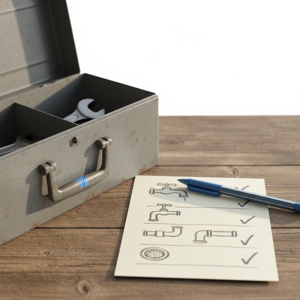 Will plumbers be affected by AI? Realistic close-up of a well-used toolbox and a sketch-style checklist card on a wooden workbench, warm natural light, blue-accent pen #1a5bfb.