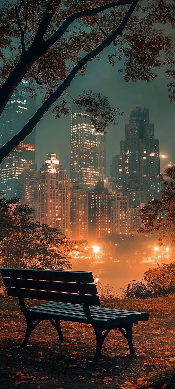Park Bench Overlooking City Skyline - Atmospheric Digital Art Full HD iPhone Wallpaper (1080x2400)