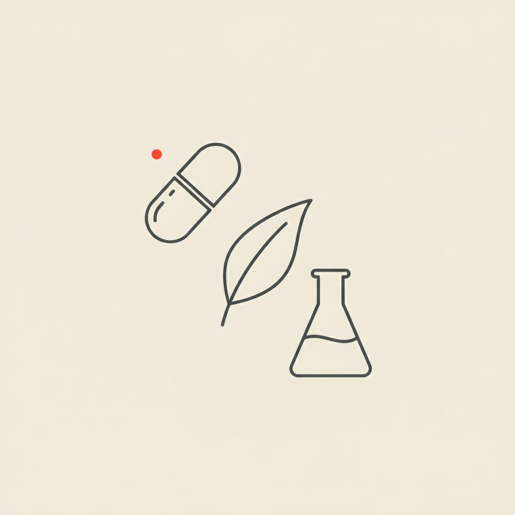 Minimal Tonum-style vector line illustration of a capsule, leaf, and beaker on a beige background suggesting natural research for Oprah weight loss supplement