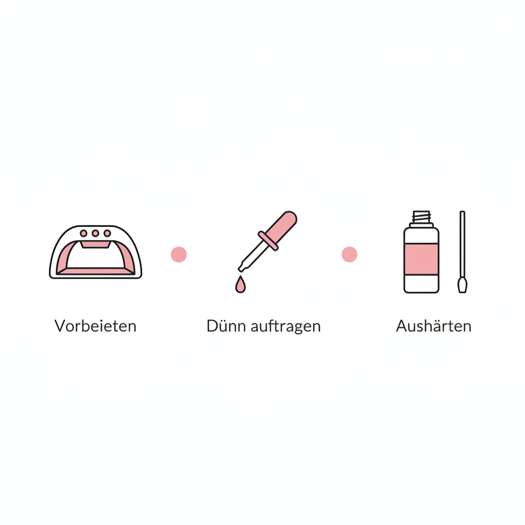 Horizontale Vektor-Infografik mit drei Icons (Lampe, Primer, Top Coat) und kurzen Schritten für DIY Gelnägel zuhause