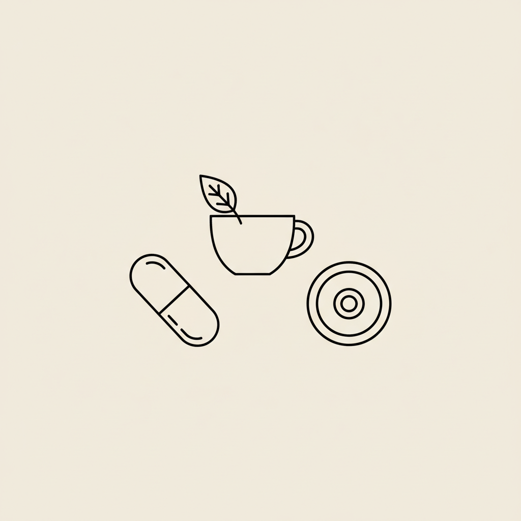 Minimal Tonum-style line illustration of a capsule, a cup of tea with a leaf, and a weight plate on beige background, representing fat burners for women