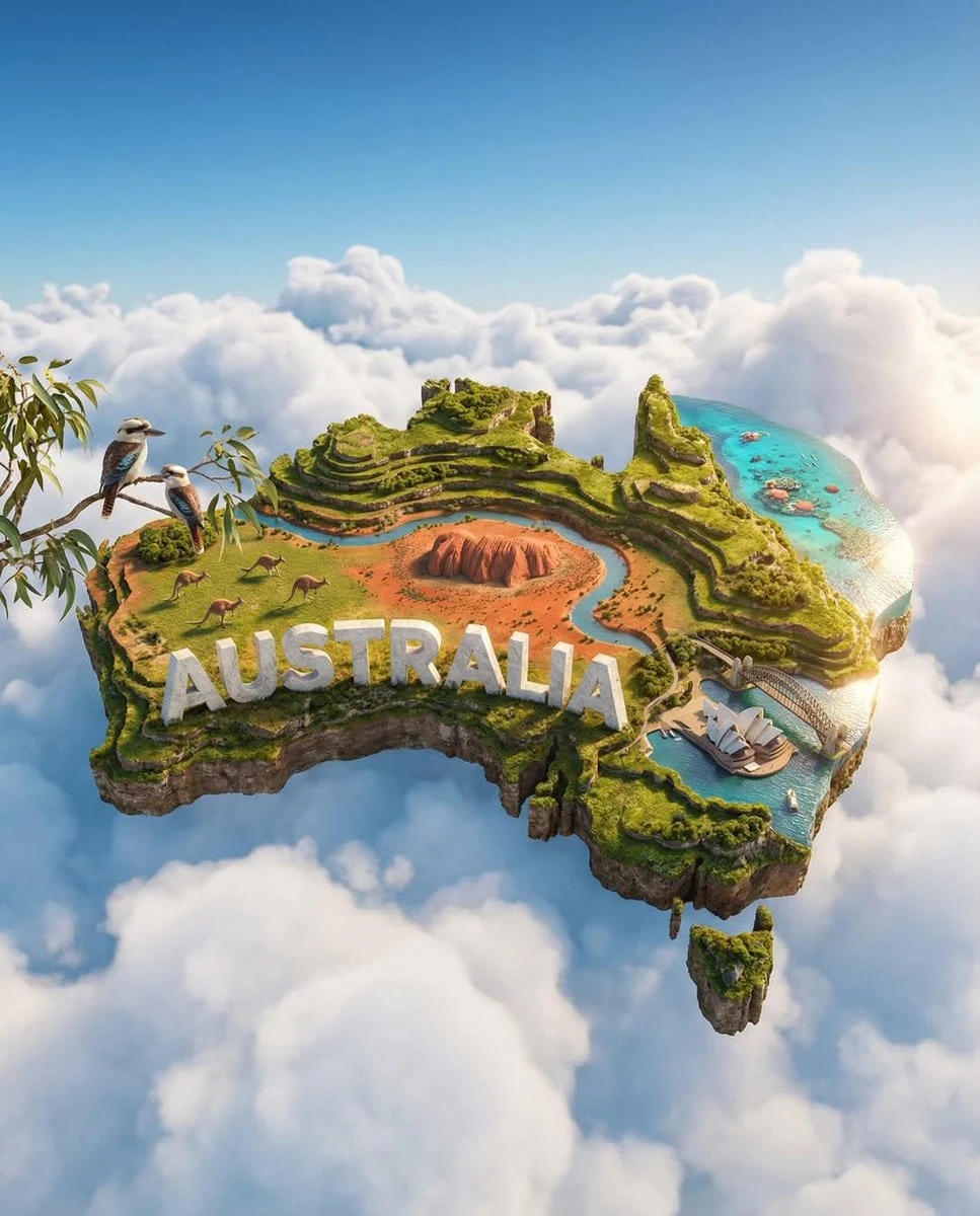 Crea un póster digital ultra-HD hiperrealista de una isla flotante en miniatura con forma de [País],...