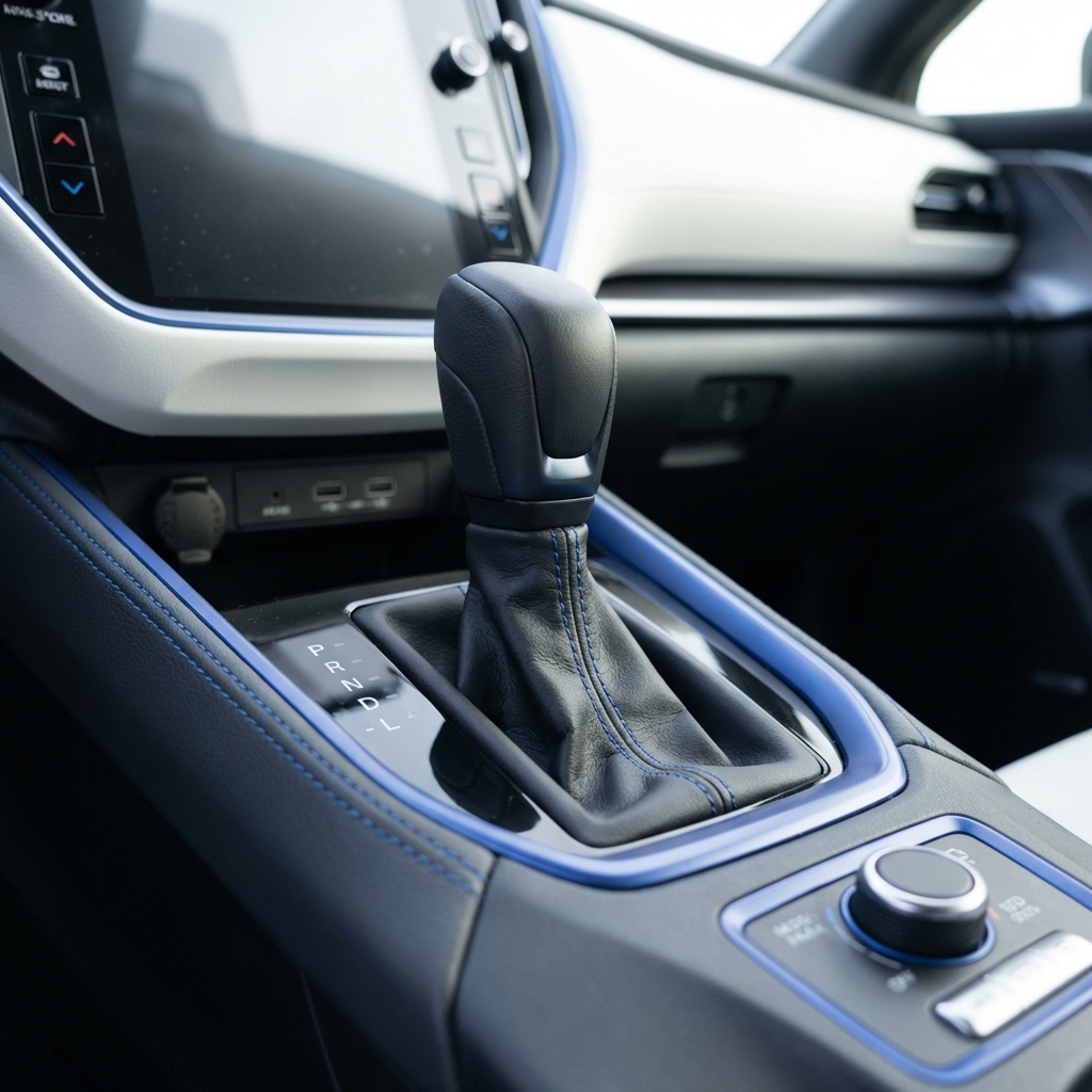 Subaru WRX automatic for sale close up of center console shifter in minimalist white interior with CarFax Deals blue accents