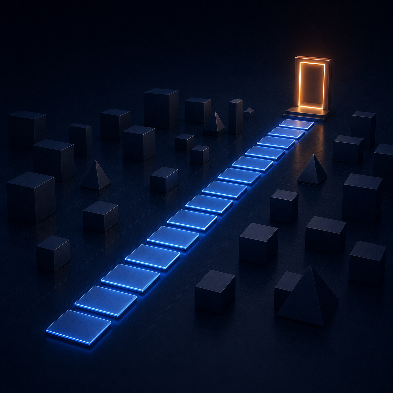 Caminho iluminado com etapas retangulares atravessando obstáculos até uma porta, representando uma venda mais fácil