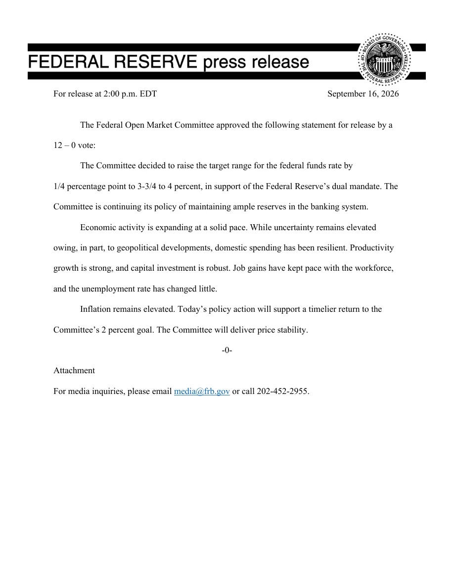 2026년 9월 16일 연방준비제도 FOMC 금리 인상 성명서