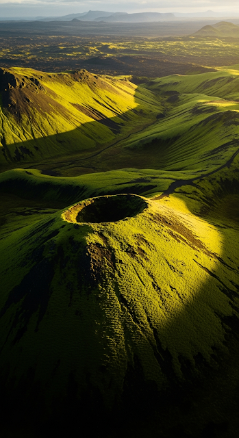 Dramatic Aerial of Fluorescent Green Moss-Covered Volcanoes in Iceland at Golden Hour