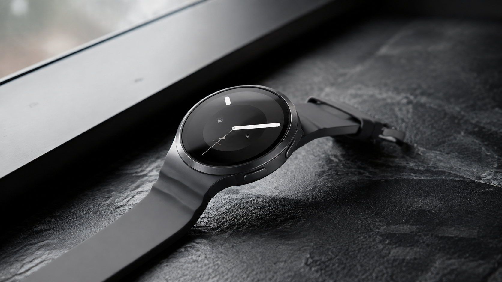 Galaxy Watch 9 Graphite appoggiato su una superficie minerale, vista laterale