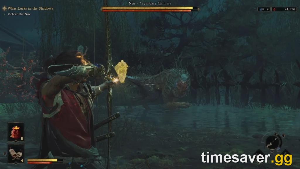 Miyamoto Musashi drawing the Oni Bow, the blue Oni Gauntlet on his arm, in Onimusha: Way of the Sword